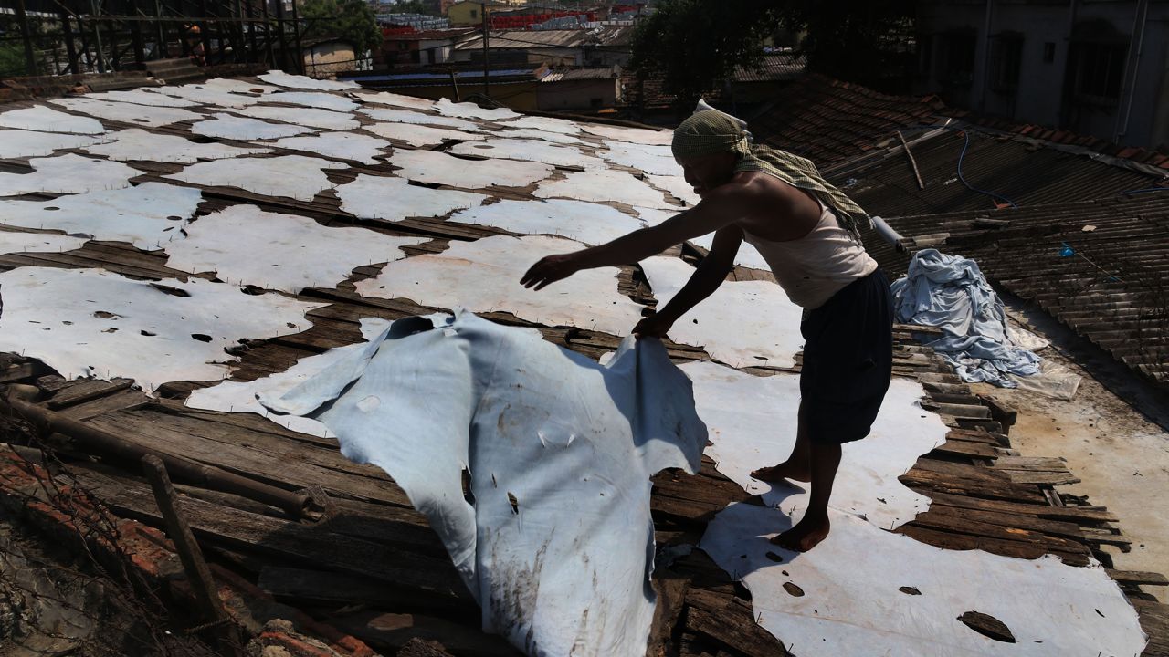 An Indian worker puts strips of leather to dry at a tannery in Kolkata, India on October 11, 2020. 