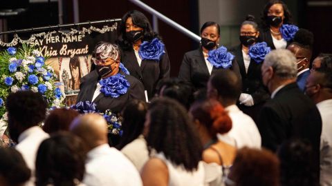 Ushers line up next to the casket of Ma'Khia Bryant during her funeral at the First Church of God on Friday.