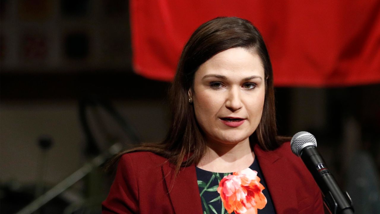 Then-Rep. Abby Finkenauer, D-Iowa, introduces Democratic presidential candidate, former Vice President Joe Biden during a campaign event, Friday, Jan. 3, 2020, in Independence, Iowa.