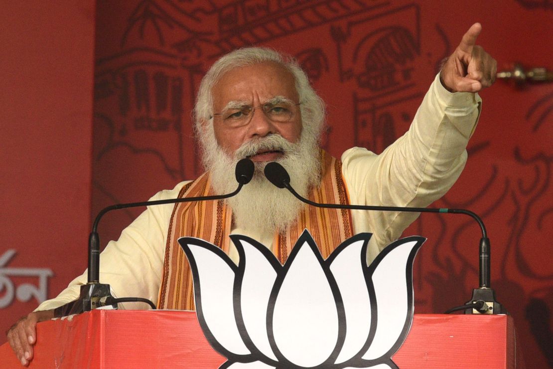 Prime Minister Narendra Modi at a rally on April 12, 2021, in North 24 Parganas, India.
