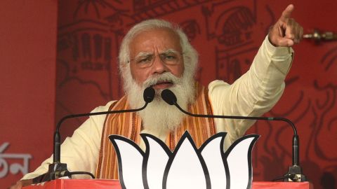 Prime Minister Narendra Modi at a rally on April 12, 2021, in North 24 Parganas, India.