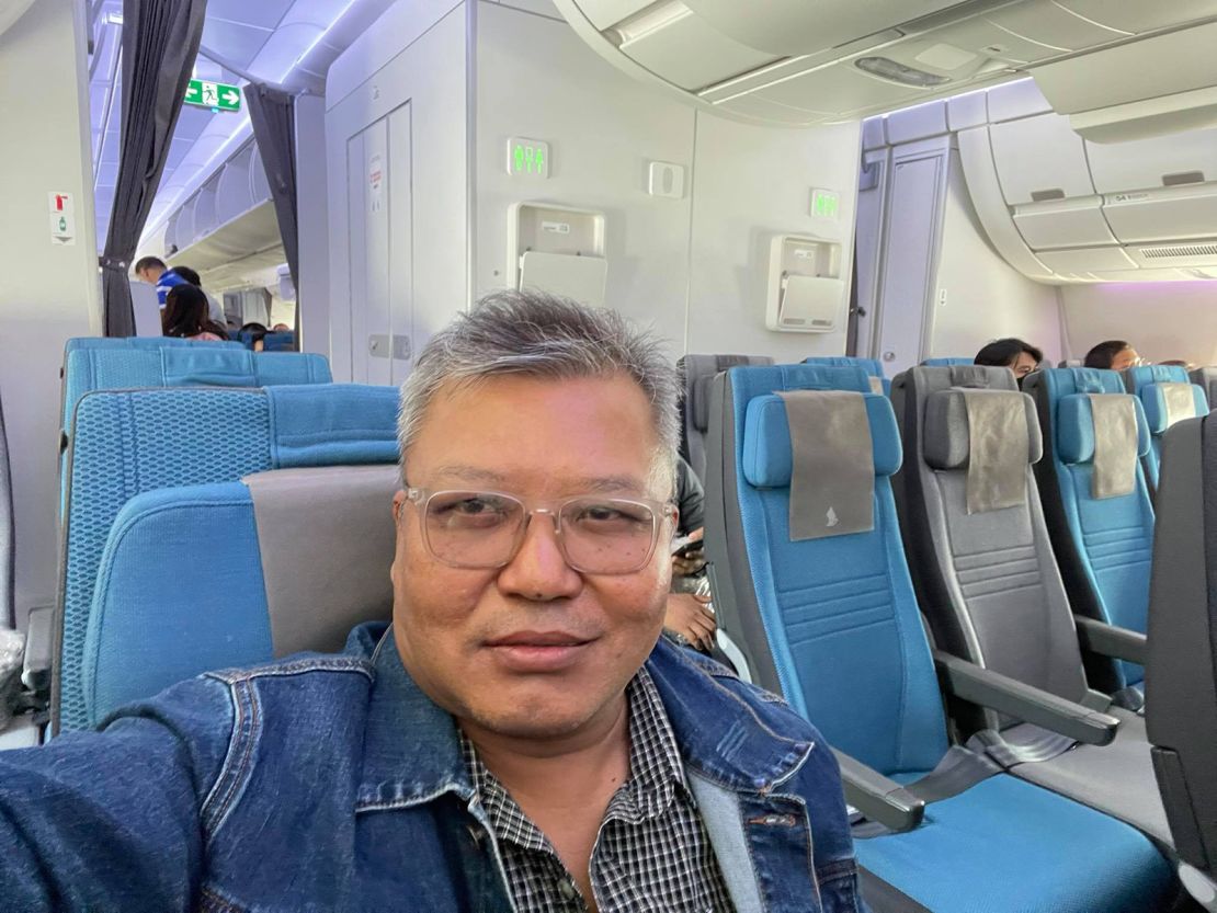 Toe Zaw Latt on a plane leaving Myanmar in April, 2021. 
