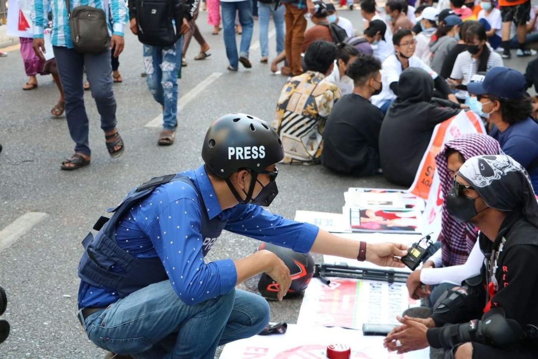 Ye Wint Thu covering an anti-coup protest in Yangon, Myanmar. 