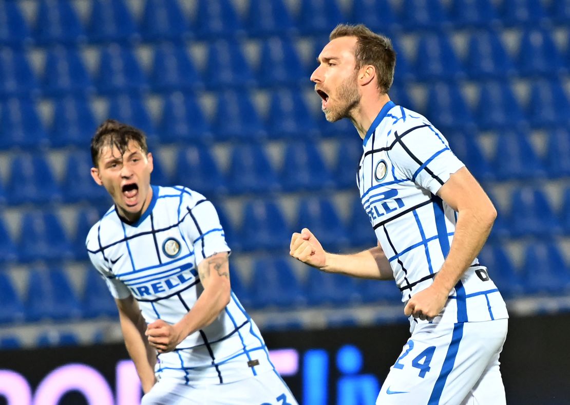 Inter Milan's Danish midfielder Christian Eriksen celebrates after scoring against Crotone at the Ezio Scida Stadium