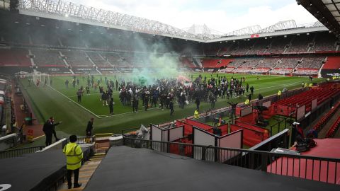 Supporters protest against Manchester United's owners, inside English Premier League club Manchester United's Old Trafford stadium.