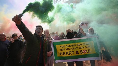 Supporters protest against Manchester United's owners outside Old Trafford.