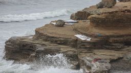 Debris is littered along the shoreline off Cabrillo Monument on May 2, 2021 in San Diego, California. 