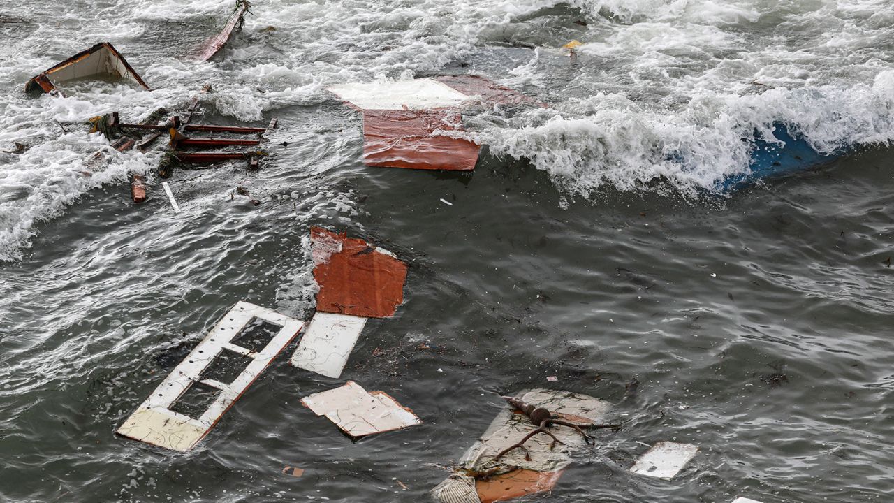Debris is littered along the shoreline off Cabrillo Monument on May 2, 2021 in San Diego, California.