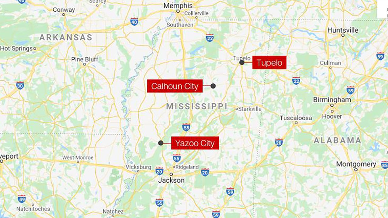 At least three cities in Mississippi reported damage after a line of severe storms and tornadoes tore through the state Sunday. 