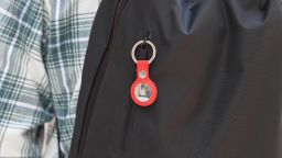 A key ring containing an AirTag attached to a rucksack inside the Apple Store George Street on April 30, 2021 in Sydney, Australia.