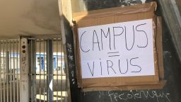 A handwritten placard reading "Campus = Virus" at the Eugene Delacroix high school in Seine-Saint-Denis, a suburb northeast of Paris, where at least 20 pupils have lost a relative to Covid-19.