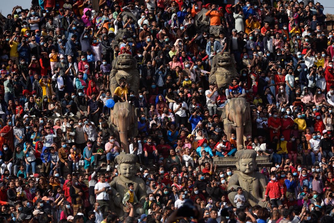 Nepali devotees observing the first day of the Biska or Bisket Jatra at Taumadi, Bhaktapur, Nepal on April 10, 2021. 