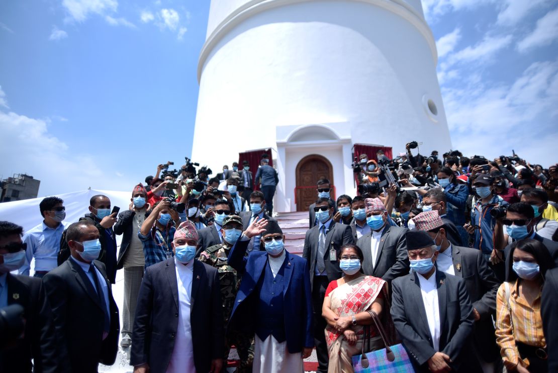 Prime Minister KP Sharma Oli inaugurates a newly constructed Dharahara in Kathmandu, Nepal on April 24, 2021. 