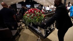 The casket of Andrew Brown Jr., is moved after his funeral, Monday, May 3, 2021 at Fountain of Life Church in Elizabeth City, N.C. Brown was fatally shot by Pasquotank County Sheriff deputies trying to serve a search warrant. (AP Photo/Gerry Broome)