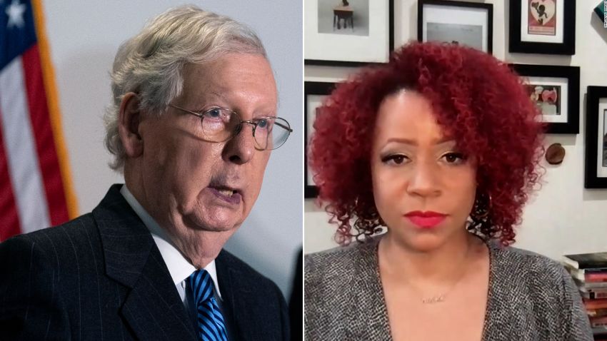 Senate Minority Leader Mitch McConnell is asking schools to stop using the 1619 Project, a curriculum aimed at reframing US history around the date of August 1619 when the first slave ship arrived to what would become the US. CNN's Brianna Keiler spoke with the project's founder Nikole Hannah-Jones to get her reaction.