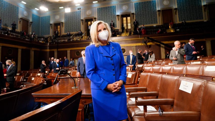 Representative Liz Cheney (R-WY) waits for the arrival of President Joe Biden, before he addresses a joint session of Congress at the US Capitol in Washington, DC, on April 28, 2021.