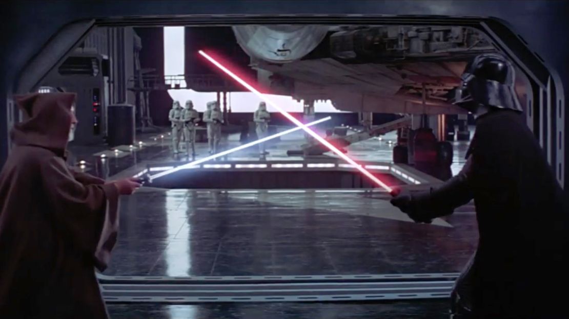 (From left) Sir Alec Guiness as Obi-Wan Kenobi battles David Prowse as Darth Vader in "Star Wars: Episode IV - A New Hope."