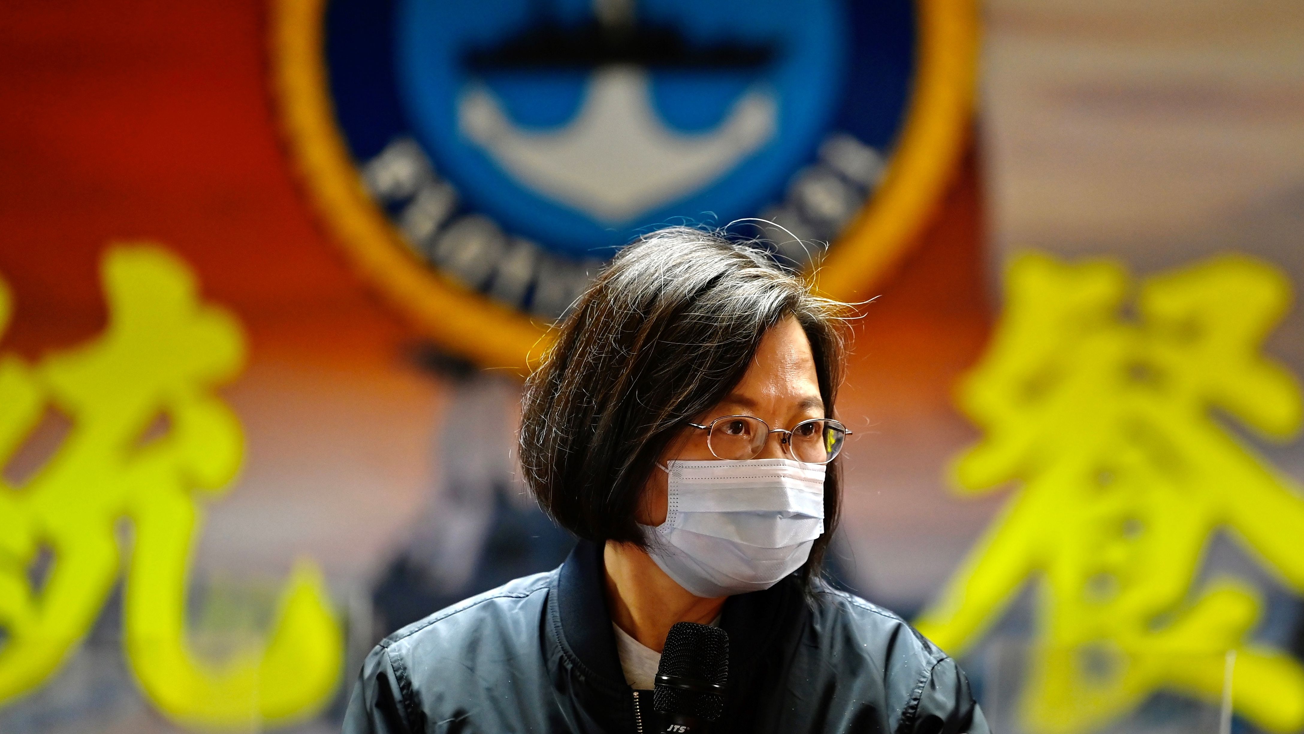 Taiwan President Tsai Ing-wen speaks during her inspection of a Republic of China Navy fleet in Keelung on March 8, 2021.