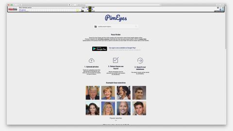 This screengrab of an archived version of PimEyes.com, from October 2018, shows how users were able to upload a photo of whomever they wanted to look for (the website now instructs visitors to only search for their own face), and shows pictures of celebrities such as Angelina Jolie, Rihanna, and Donald Trump as examples.