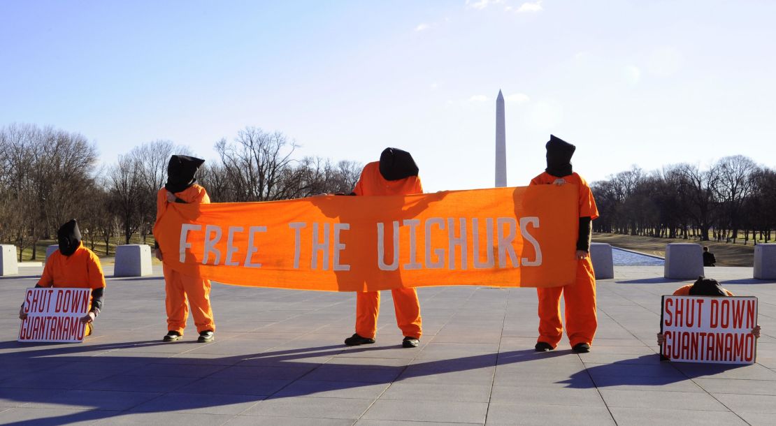 Demonstrators protest the detention of Uyghurs at Guantanamo Bay on February 12, 2009 in Washington, DC, near the Lincoln Memorial.