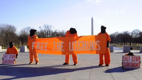 Demonstrators protest the detention of Uyghurs at Guantanamo Bay on February 12, 2009 in Washington, DC, near the Lincoln Memorial.