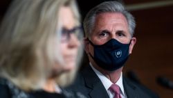 Kevin McCarthy, R-Calif., and Liz Cheney, R-Wyo., conduct a news conference in the Capitol Visitor Center after a meeting with the House Republican Conference on Wednesday, September 23, 2020. 