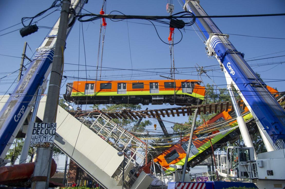 View of the site of a train accident after an elevated metro line collapsed in Mexico City on May 4, 2021. 