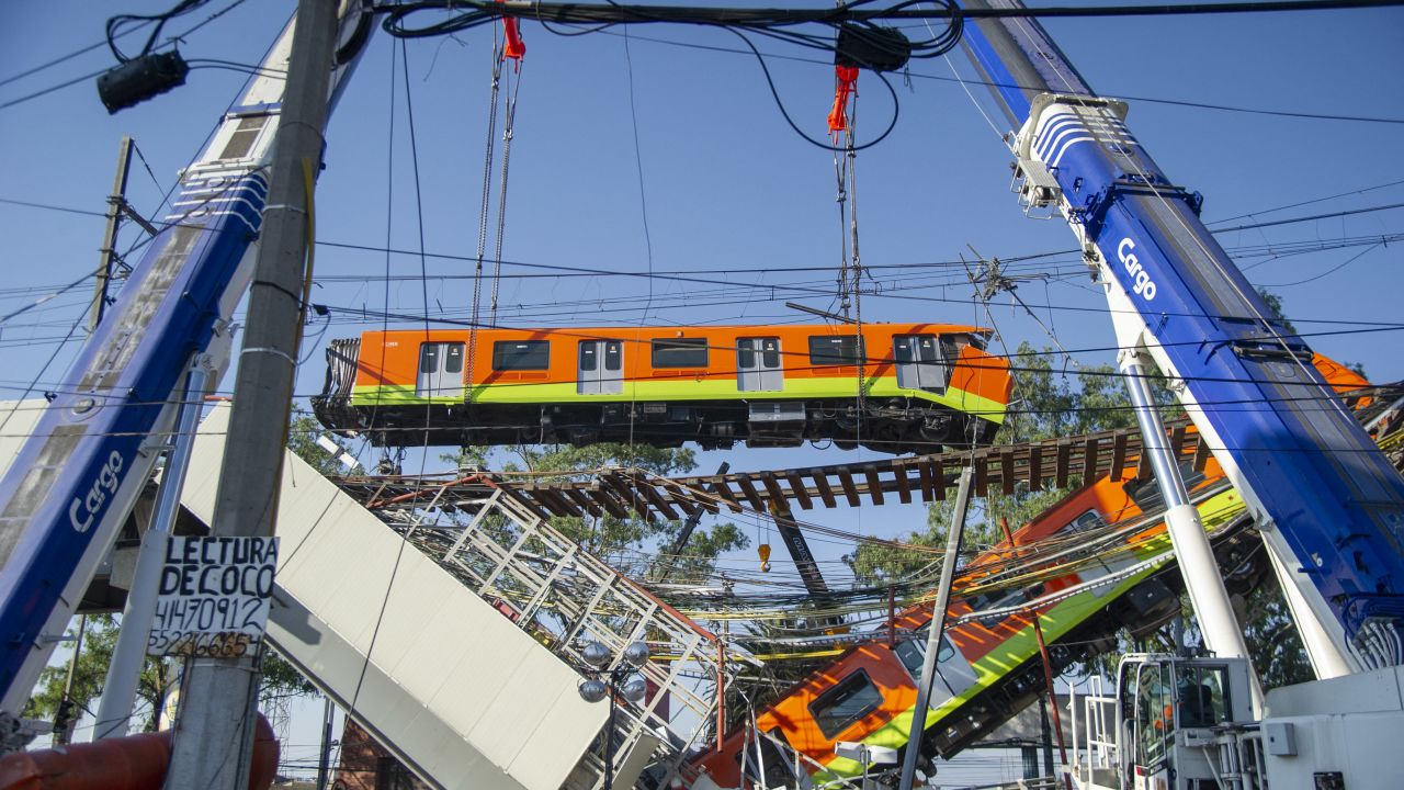 View of the site of a train accident after an elevated metro line collapsed in Mexico City on May 4, 2021. 