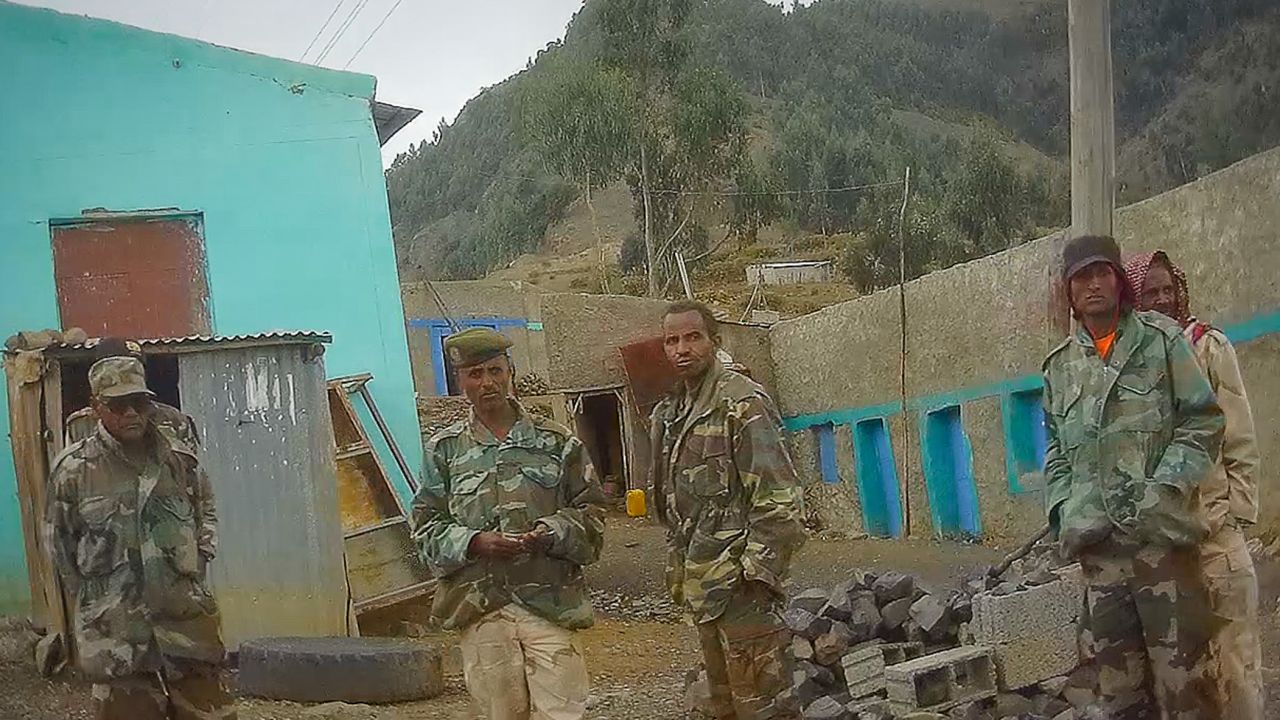 Eritrean soldiers are captured on a hidden camera at a checkpoint in the hills above Adigrat, as they block access to the road to Axum.