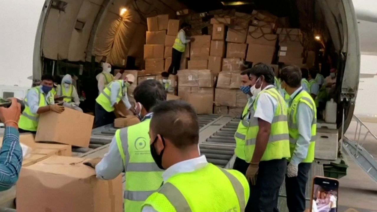 Covid aid supplies from Thailand and the United Arab Emirates arrive in New Delhi, India, on April 29.