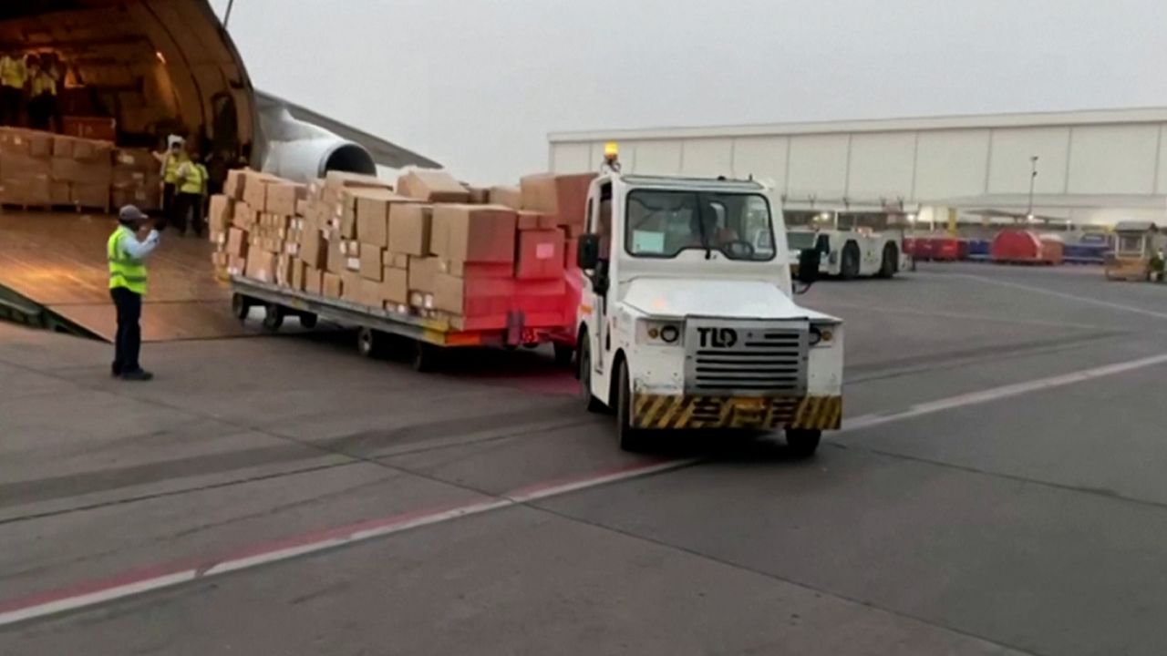 Foreign aid supplies being unloaded from planes at the airport in New Delhi, India, on April 29. 