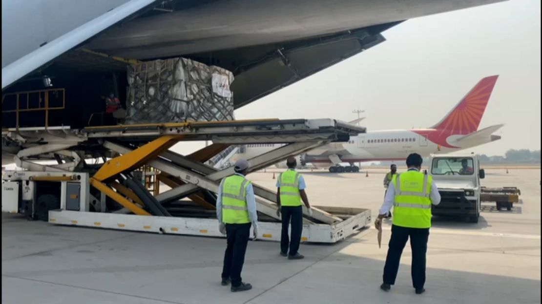 A military aircraft carrying aid supplies from the US arrives in New Delhi, India.