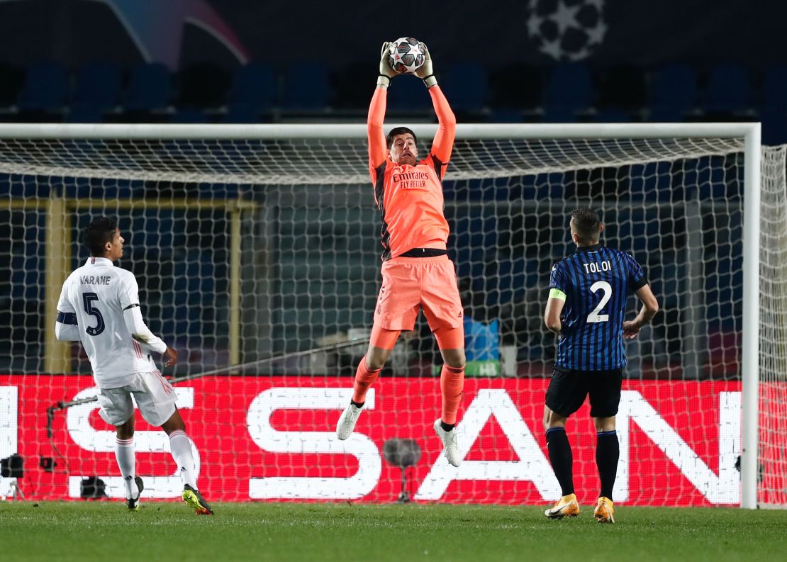 Courtois during the Champions League round of 16 match between Atalanta and Real Madrid.