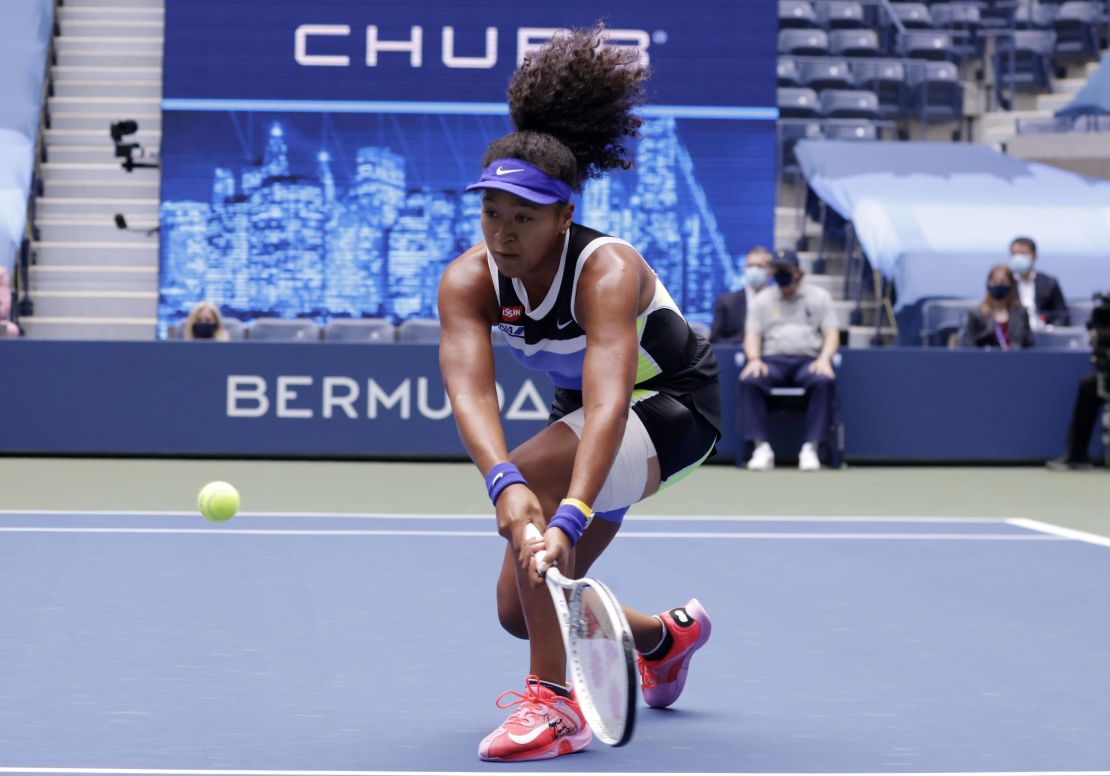 Osaka hits a return against Victoria Azarenka during the final of the 2020 US Open.