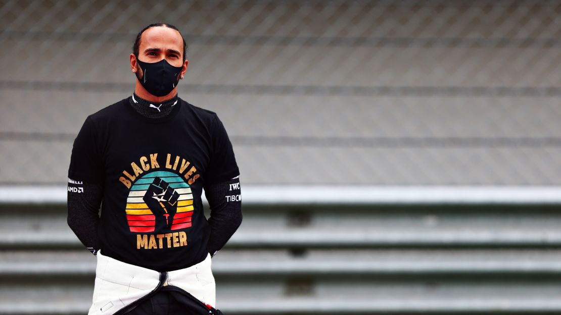 Hamilton wears a Black Lives Matter shirt on the grid before the F1 Grand Prix of Turkey.