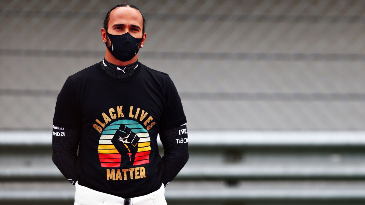 Hamilton wears a Black Lives Matter shirt on the grid before the F1 Grand Prix of Turkey.