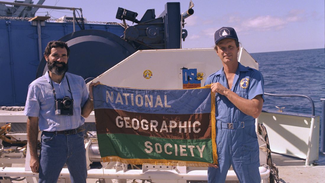 <strong>Finding Titanic: </strong>Ballard celebrates the discovery of the infamous shipwreck with photographer Emory Kristof in 1985 after locating the British passenger liner on his second attempt.