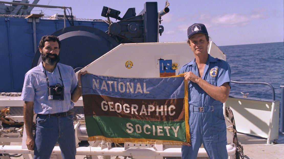 Oceanographer Robert Ballard celebrates the discovery of Titanic with photographer Emory Kristof in 1985. 