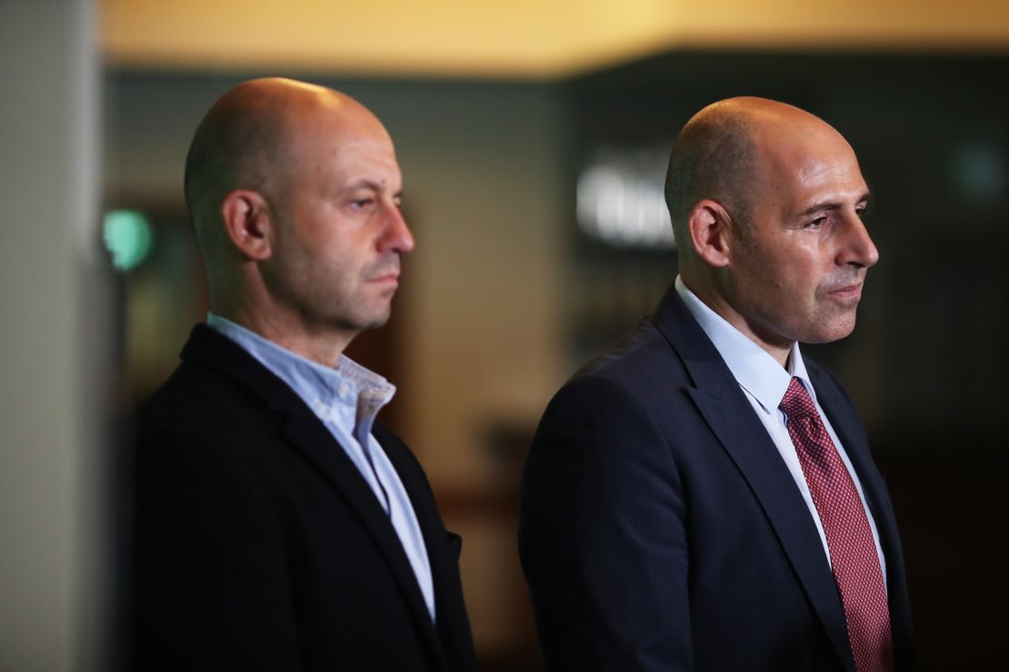 Australian Cricketers' Association CEO Todd Greenberg (L) and Cricket Australia CEO Nick Hockley (R) speak to the media during a press conference at Sydney Cricket Ground on May 05, 2021 in Sydney, Australia.