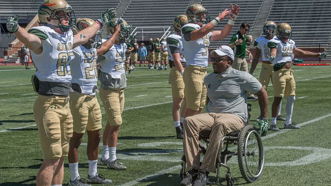 Timothy Alexander was motivating members of the UAB Blazers football team in 2017. He was hired as the team's director of character development.