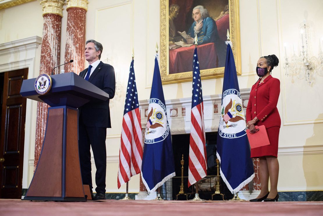 Secretary of State Antony Blinken speaks during the announcement of former Ambassador Gina Abercrombie-Winstanley as first the chief diversity officer in the Benjamin Franklin Room of the State Department in Washington on April 12, 2021.