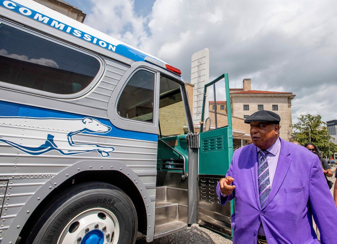 Freedom Rider Bernard Lafayette Jr. checks out the restored Greyhound bus as it is unveiled.