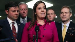 (L-R) Rep. Mike Johnson (R-LA), Rep. Mark Meadows (R-NC), Rep. Elise Stefanik (R-NY), Rep. Lee Zeldin (R-NY), and Rep. Jim Jordan (R-OH) speak with reporters in the Senate subway before the impeachment trial of President Donald Trump resumes at the U.S. Capitol on January 23, 2020 in Washington, DC. Democratic House managers will continue their opening arguments on Thursday as the Senate impeachment trial of President Donald Trump continues.  