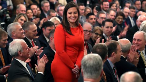 Rep. Elise Stefanik a New York Republican stands as she's acknowledged by then-President Donald Trump as he speaks one day after the Senate acquitted him on two articles of impeachment, at the White House in February 2020 in Washington, DC. 