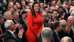 Rep. Elise Stefanik (R-NY) (C) stands as she's acknowledged by U.S. President Donald Trump as he speaks one day after the U.S. Senate acquitted on two articles of impeachment, in the East Room of the White House February 6, 2020 in Washington, DC. 