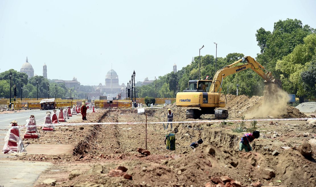 Construction work underway on the Central Vista redevelopment project at Rajpath on April 17, 2021 in New Delhi, India. 