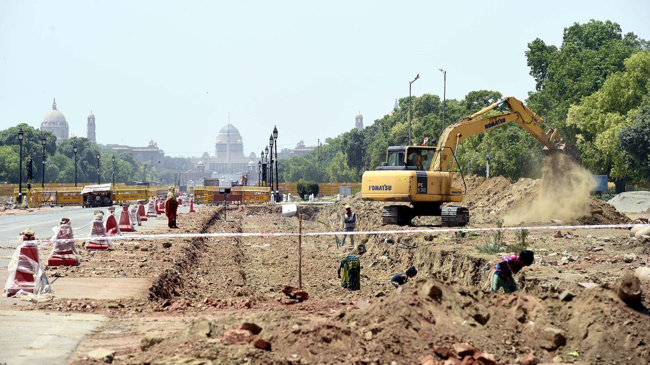 Construction work underway on the Central Vista redevelopment project at Rajpath on April 17, 2021 in New Delhi, India. 