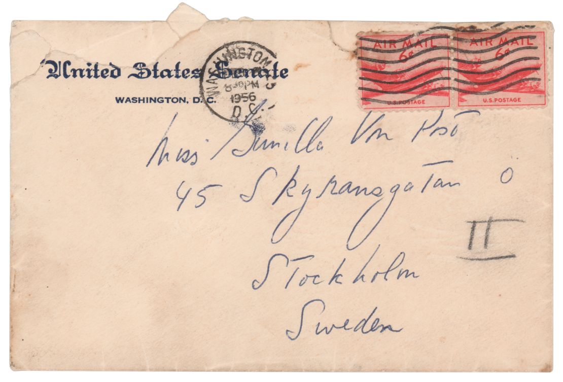 This photo shows an envelope that John F. Kennedy addressed to his Swedish paramour.