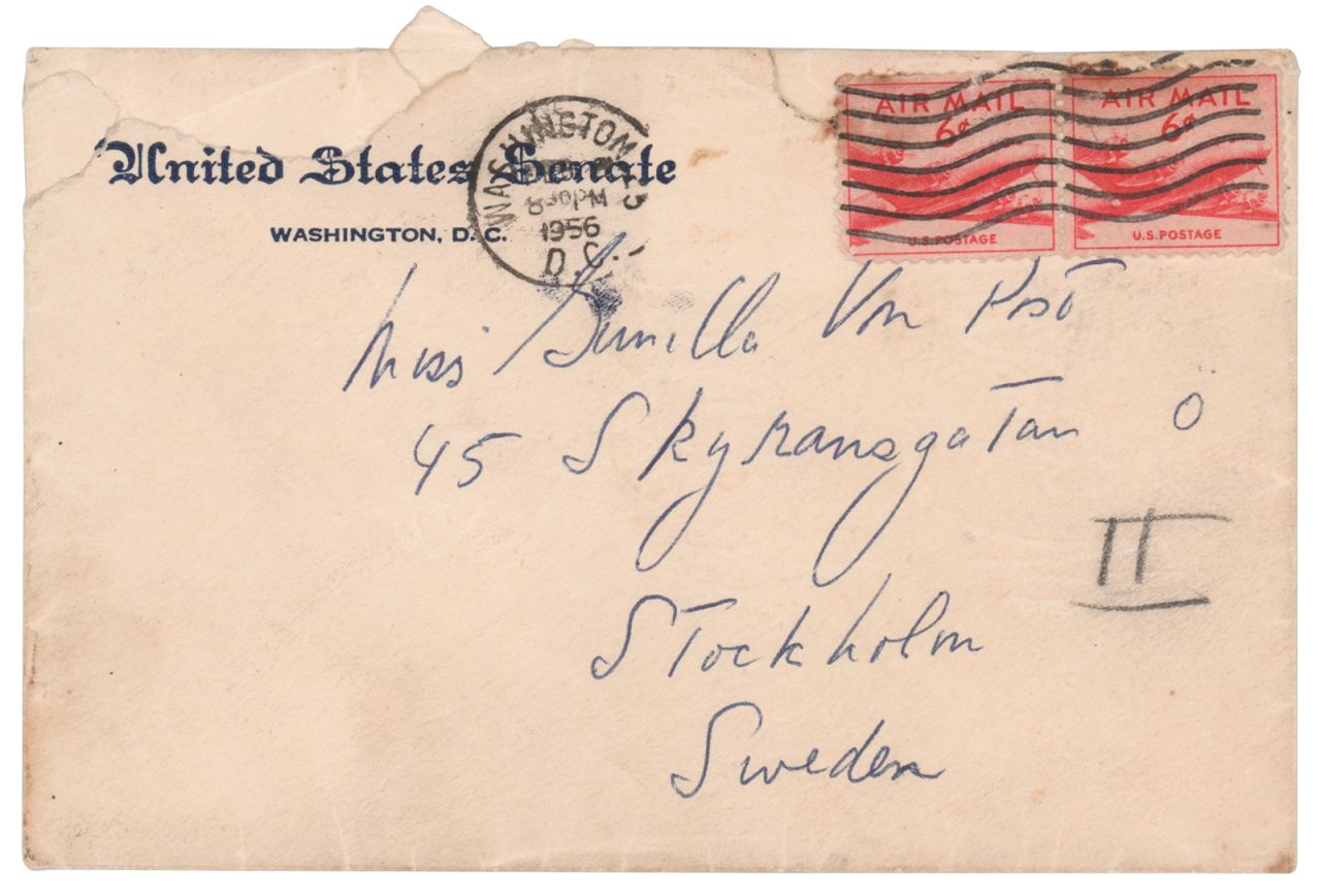 This photo shows an envelope that John F. Kennedy addressed to his Swedish paramour. 