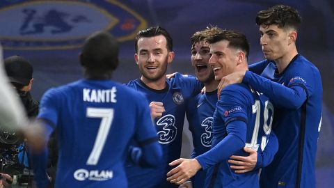 Chelsea players celebrate Timo Werner's goal against Real Madrid.